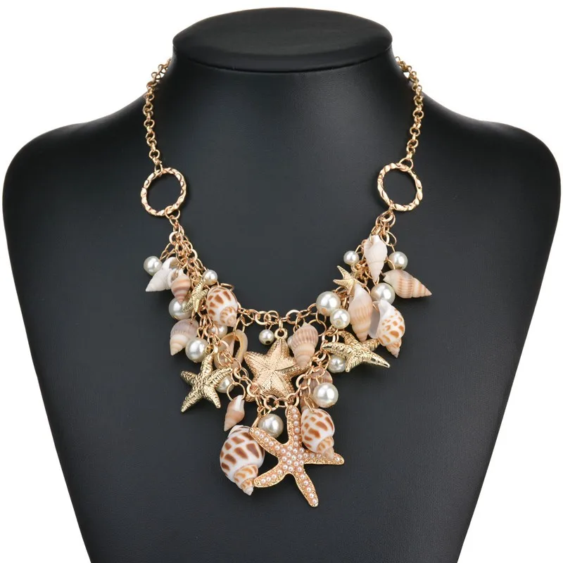 

Fashion Summer Beach Starfish Shell Necklace Women Bohemian Multilayer Circle Pearl Chain Choker Necklace Collares Jewelry
