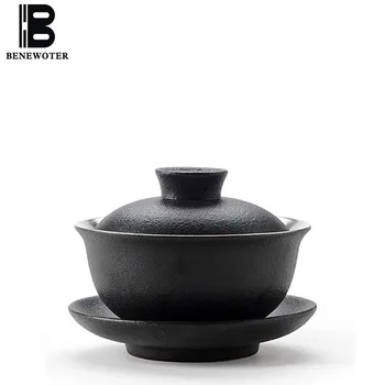 

130ml Vintage Handmade Japanese Ceramic Black Pottery Metal Silver Gaiwan Chinese Kung Fu Tea Set Teapot Tea Maker Drinkware