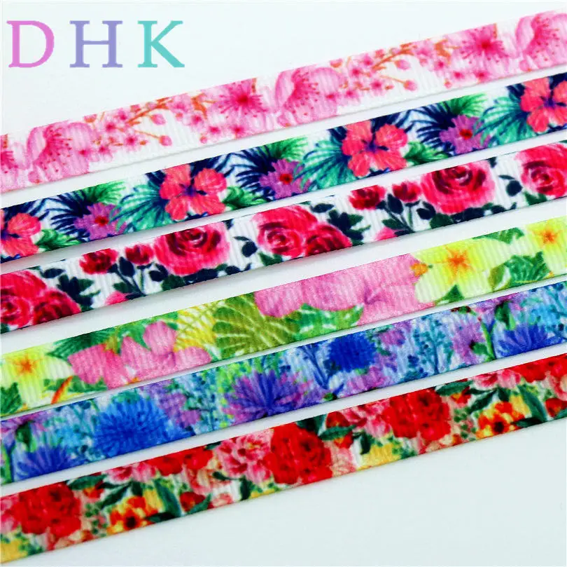 

DHK 3/8'' 5yards flowers rose cherry printed grosgrain ribbon Accessory hairbow headwear DIY decoration OEM 9mm C1336