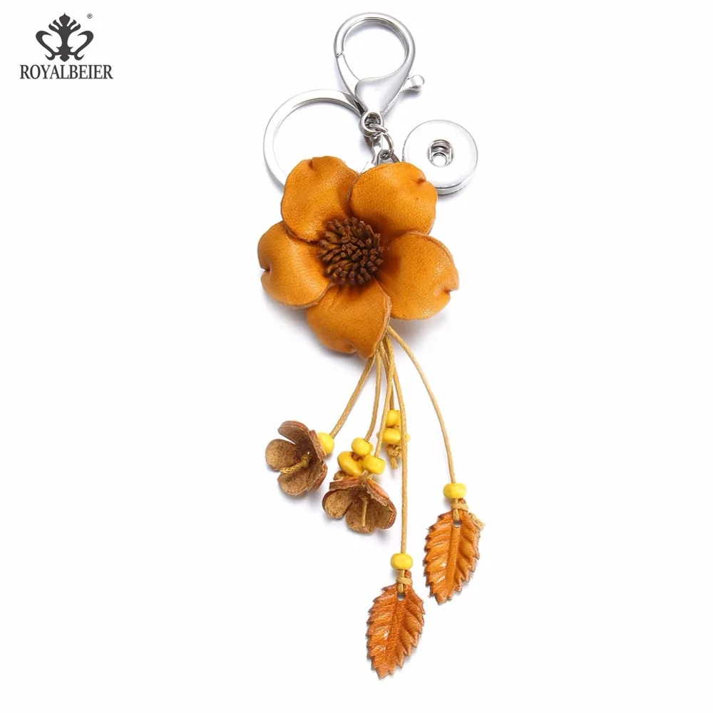 

RoyalBeier Flower DIY Key Chains PU Leather Orange Leaf Fit 18mm Snap Button Keychain Jewelry For Men Women Car Keyrings