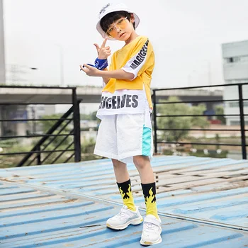 

New Summer Hip Hop Boy Fashion Hip Hop Collage Short Sleeve Street Dance Clothes Men'S Children'S Performance Costumes DQL122