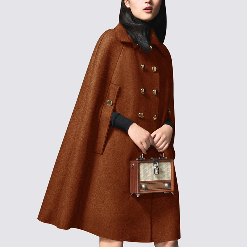 LXUNYI высокое качество осень для женщин s Шерсть накидка пончо длинное пальто двубортный плащ куртка для женщин толстый Корейский стиль накидки верхняя одежда - Цвет: Caramel
