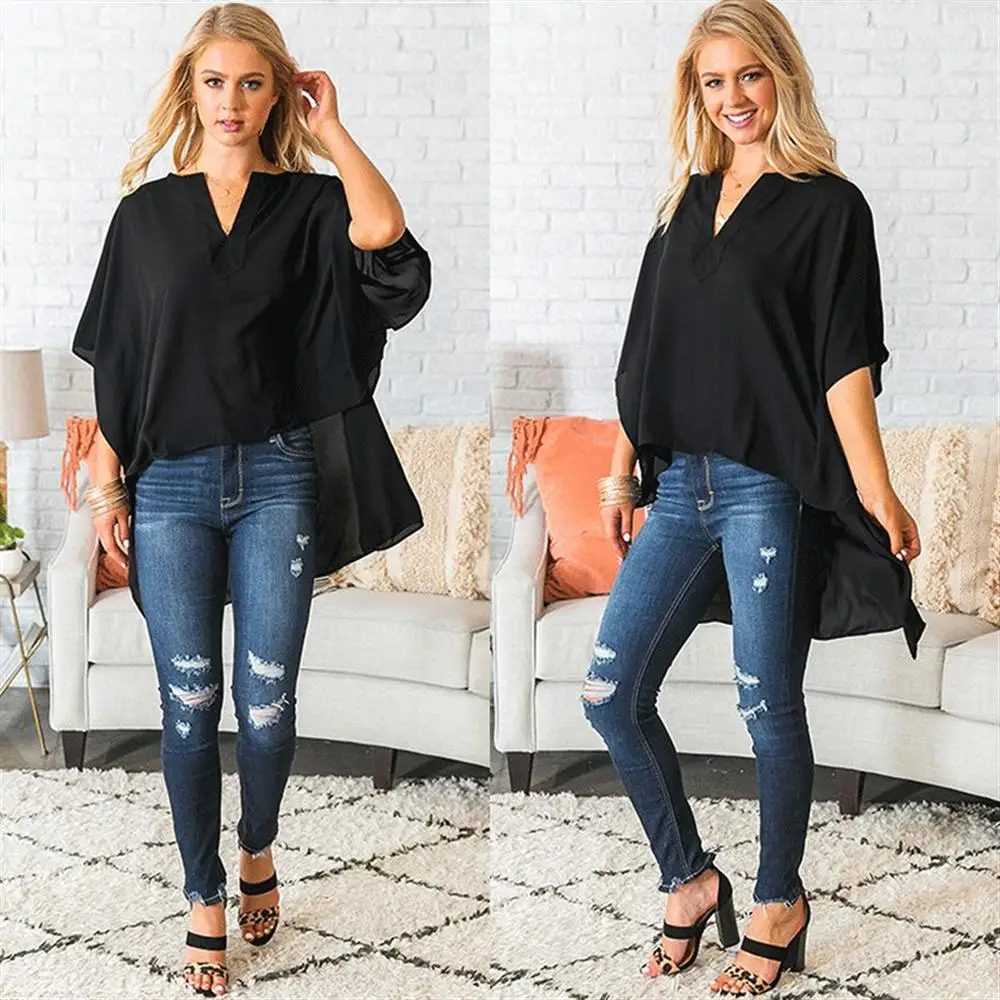 

Explosion models V-neck short short long loose bat sleeve chiffon shirt