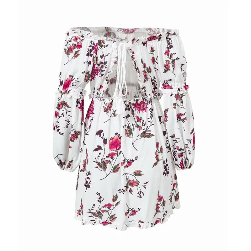 yinlinhe Yellow Off Shoulder Summer Dress Long Sleeve Floral Beach Dress Women Backless Lace Up Elegant Boho Vestidos 10