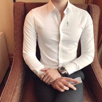 

2019 New Boutique Cotton Solid Color Fashion Embroidery Business Casual Long-sleeved Shirt / Male Slim Shirts