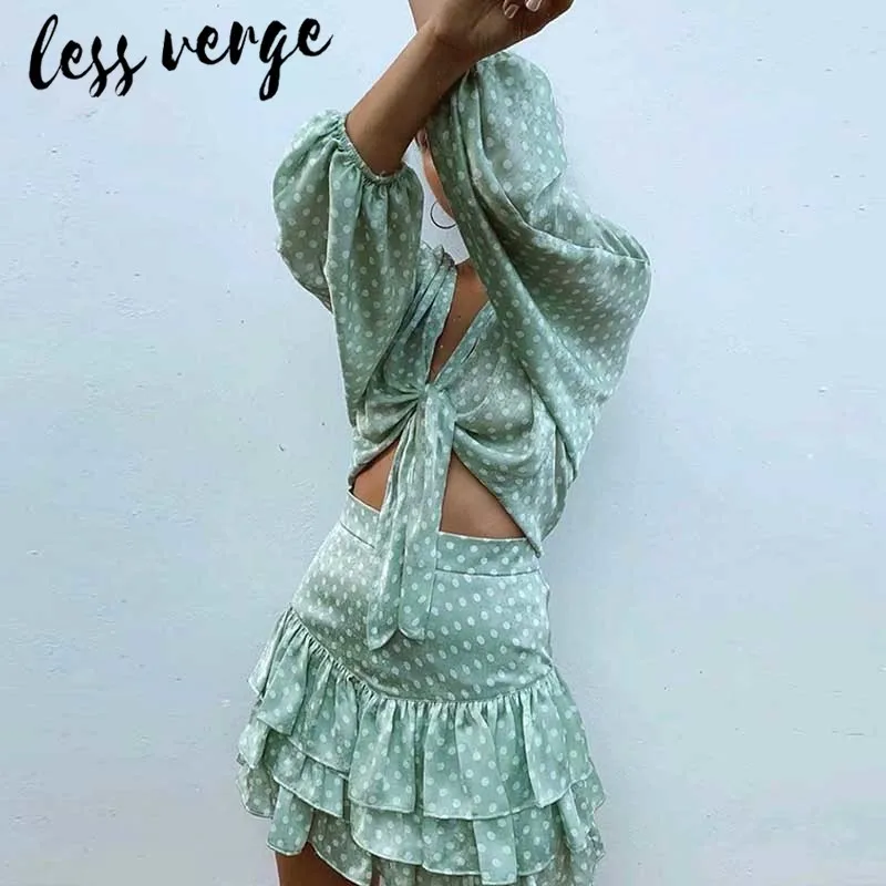 

Lessverge Bandage crop polka dot green blouse shirt Women v neck chiffon sexy blouse top Long sleeve summer casual shirt beach