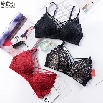 

JYF Brand 2019 Hot Sale Sexy Hollow Wire Free Lace Women Underwear Set Deep V Across Mysterious Black Girl Bra & Brief Sets