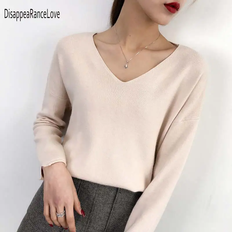 

Women Pullover Cashmere Sweater 2019 Knitting Autumn Winter Multi Colors Sexy V-Neck Elegant Bottoming Ladies Tops