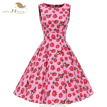 

SISHION Strawberry Cherry Print Dress Women Sleeveless 1950s 1960s Large Swing Cotton Polka Dot Vintage Dresses VD0773