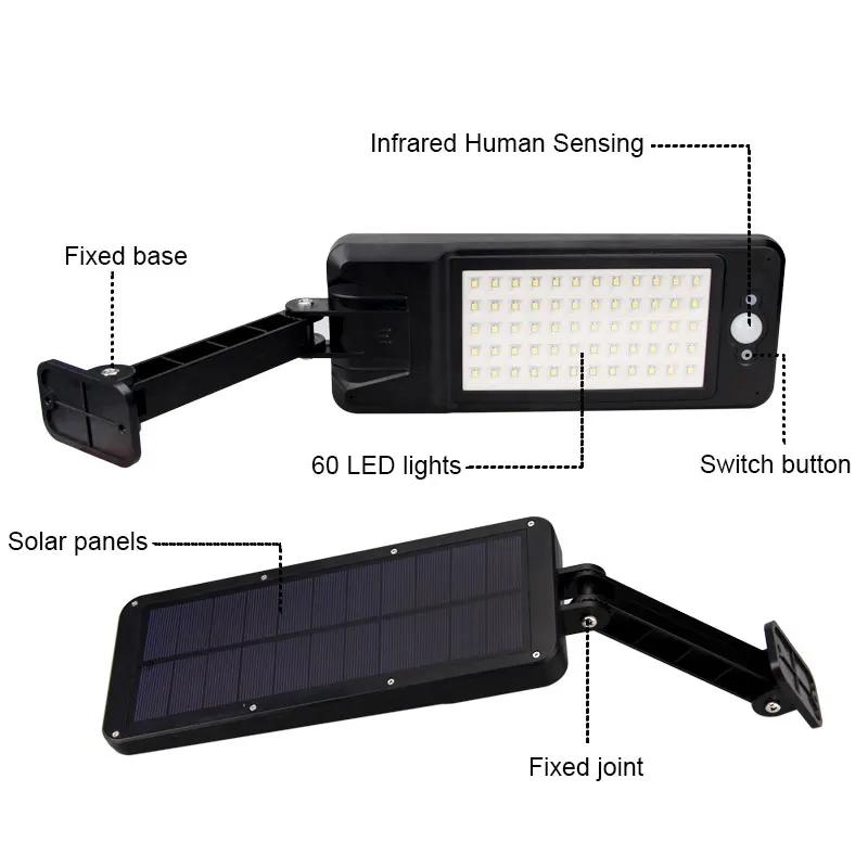 PIR Motion Sensor Wall Lamp 60 LED Solar Light Ip67 Waterproof Human Body Induction Outdoor Garden Rural Street Remote Control