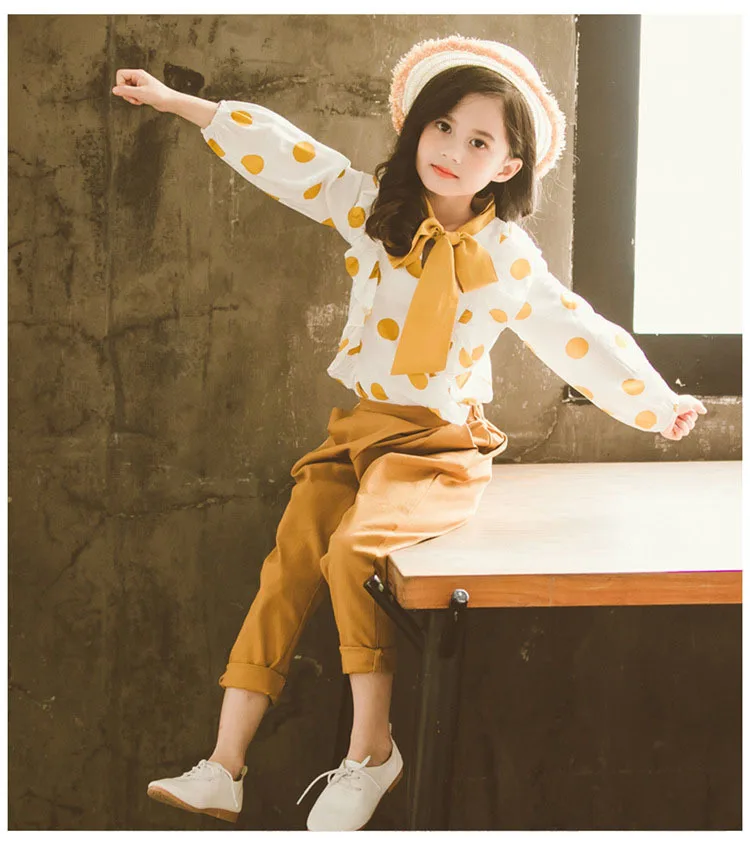 Teenage Girls 2pcs Sets Dot Long Sleeve Children Spring Clothes Set 2019 Baby Clothing Autumn White Shirts Yellow Pants Suits  4 5 6 7 8 9 10 11 12 13 14 15 years  big little set for girls outfits for girls (9).jpg
