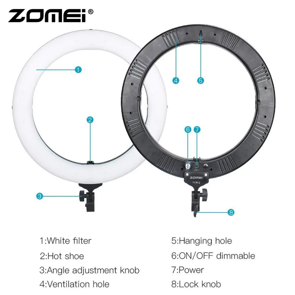 Zomei 1" /18" Внутренний светодиодный светильник-кольцо 36 Вт 5500 к светильник комплект+ штатив+ шаровая Головка+ держатель для смартфона для камеры Youtube видео