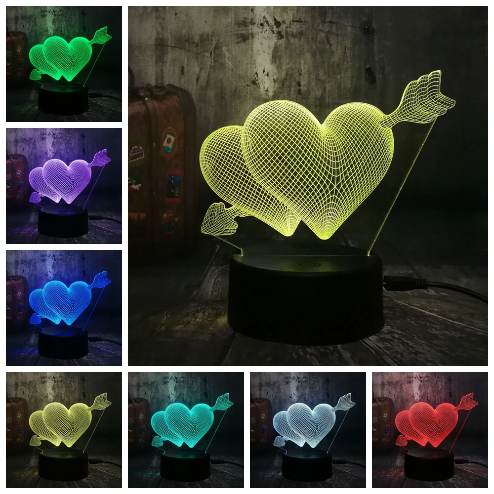  LOVE Romantic 3D Arrow Through the Heart LED Night Light Desk Lamp Wedding Bedroom Decor Lovers & C