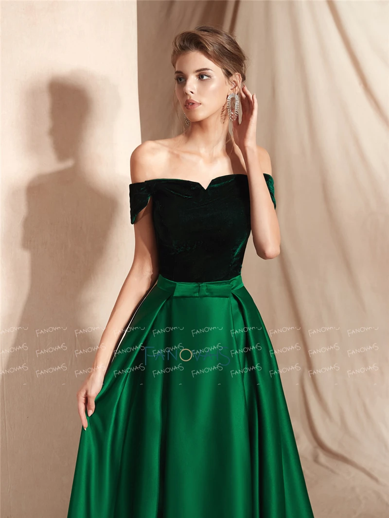 Elegant Dark Green Off-The-Shoulder A-Line Velvet Top Satin Long Evening Prom Dresses image 4