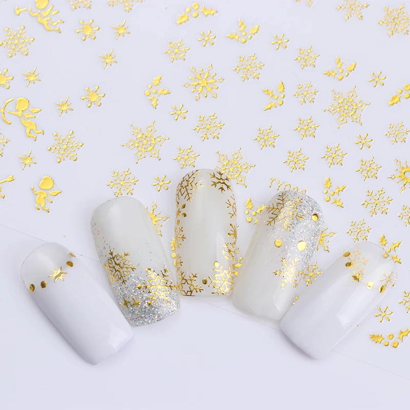 

1 Big Sheet Gold Nail 3D Sticker Adhesive Angels Deer Snowflake 12 Patterns Nail Art Transfer Sticker Decals for Nail Design