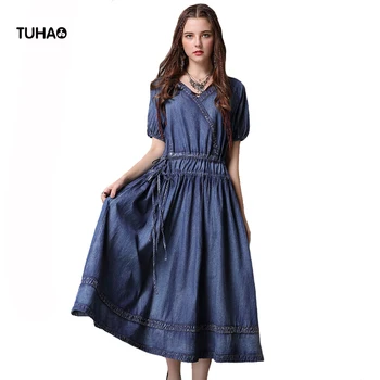 

Drawstring High Waist Pleated Dress Women Short Lantern Sleeve V-neck Long Style Vintage Summe Denim Dresses T2082