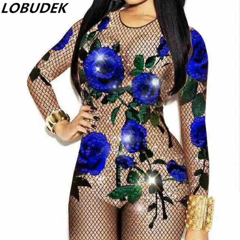 blue crystals bodysuit Female nightclub bar costumes sexy