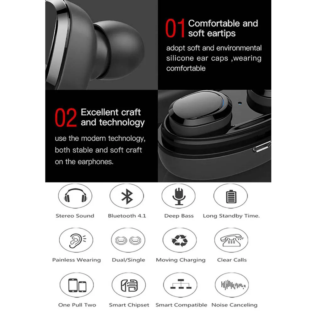 NVAHVA TWS Bluetooth  V4.1 Earbuds Wireless Earphones Bluetooth Headsets With Charging Case Hands-free For Phone TV PC Sports