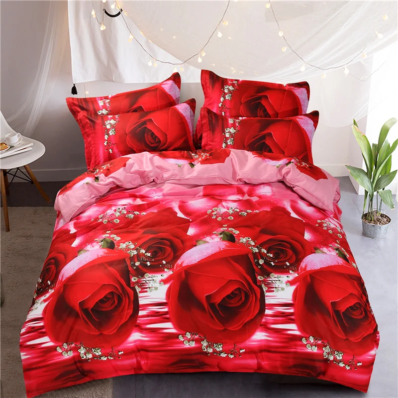 100% Cotton 3D Rose Printing Duvet Cover Bed Sheet Pillowcases Home Bedding 4pcs Queen for Adults Red Blue SMN1 | Дом и сад