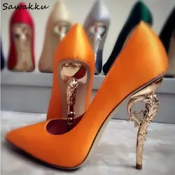 Карамельный Цвет Элегантные женские туфли-лодочки острый носок атласные шелковые обувь на высоком каблуке Sexy Металл Золотой морской конек