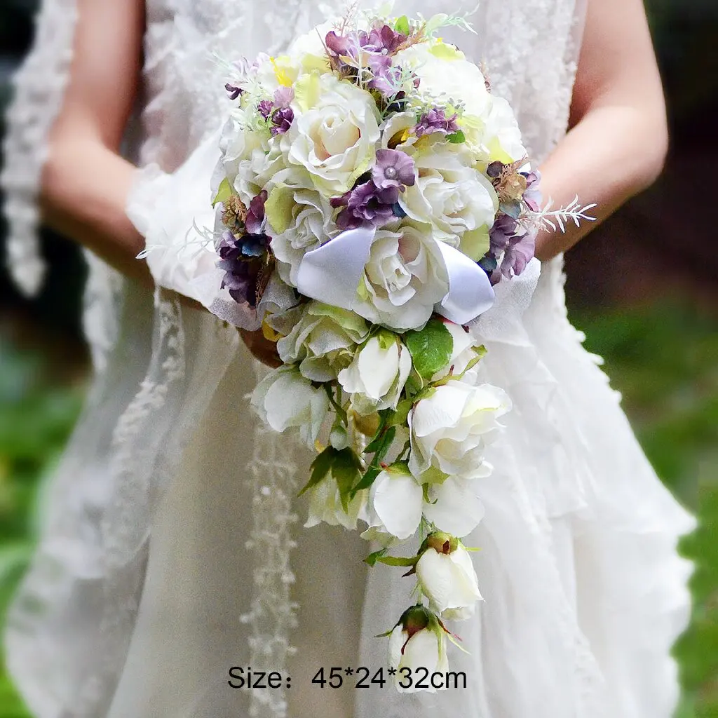 32x24x45 см белый/фиолетовый водопад Свадебный букет романтическая Невеста DIY Свадебный Цветочный букет невесты Свадебные аксессуары