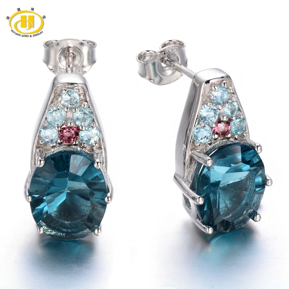 

Hutang Natural Blue Fluorite & Tourmaline & Apatite Stud Earrings Solid 925 Sterling Silver Women's Party Fine Gemstone Jewelry