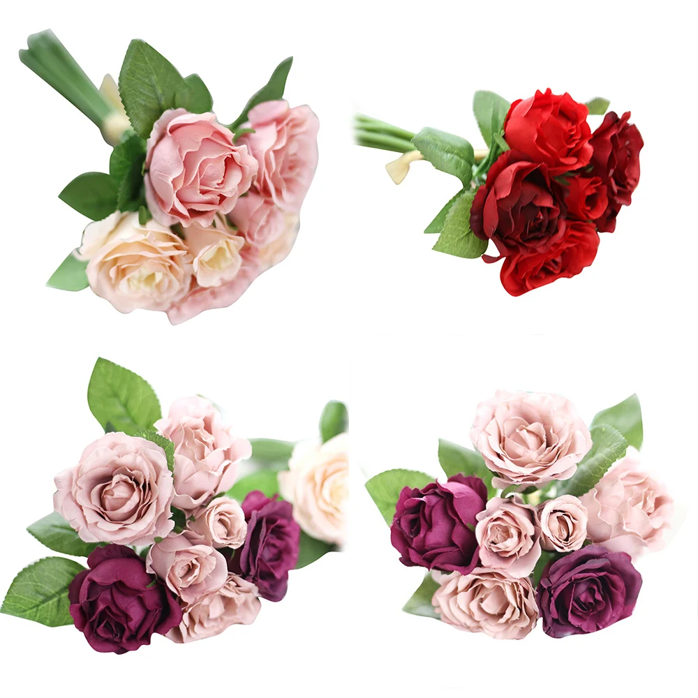 

7 Heads Artificial Silk Fake Flowers Leaf Rose Wedding Floral Decor Bouquet Sep7