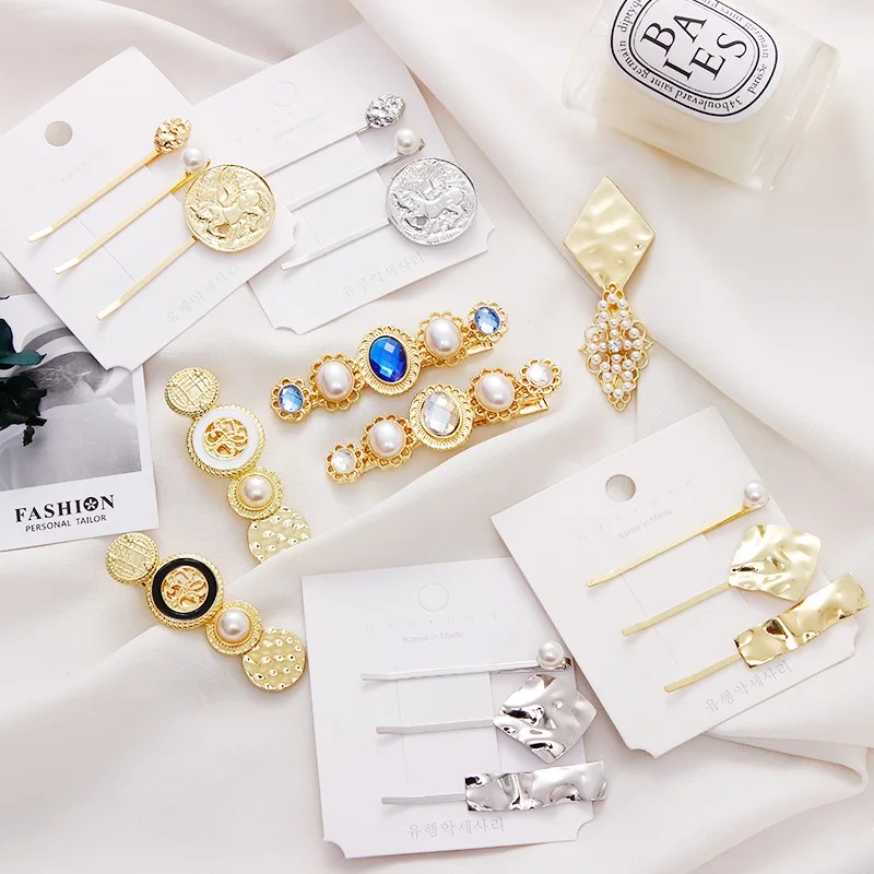 

2019 New Women Retro Geometric Pearls Crystal Alloy Hair Clips Vintage Headband Hairpins Barrettes Fashion Hair Accessories Set