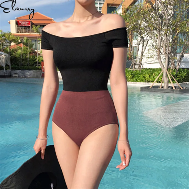 Newest One Piece Women Swimsuit Patchwork Sexy Push Up Swimwear Off Shoulder Vintage Bathing Suits Summer Ladies Bodysuits