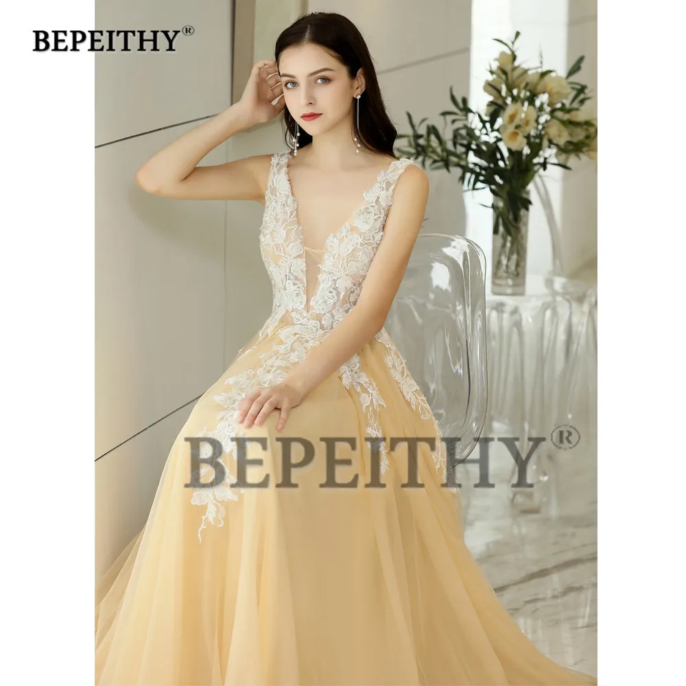 BEPEITHY Evening Dresses Long V Neck Champagne Tulle Lace Prom Dress Robe De Soiree Sexy Backless Evening Gown 2019