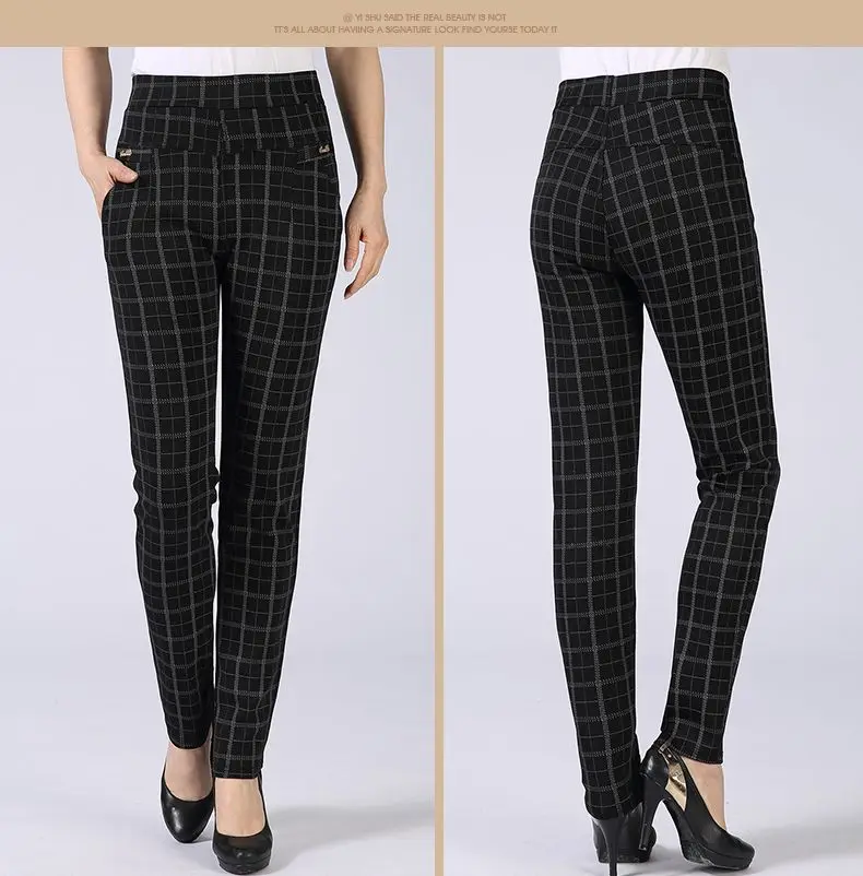 Spring Autumn Woman Casual Pant Navy Blue Black Khaki Gray Trousers Middle Aged Women Plaid Pattern Pants High Waist Trousers Mother Bottoms (15)