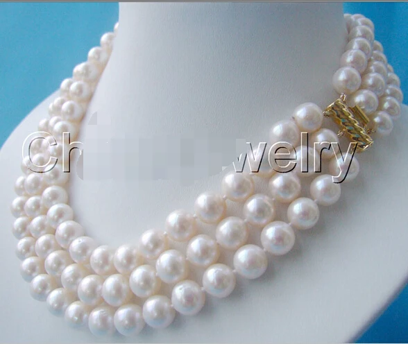 

Wholesale fast 100% Natural jewelry 3row 17-19" AAA 8-9 mm white round freshwater pearl necklace-14KGP gild (A0329)