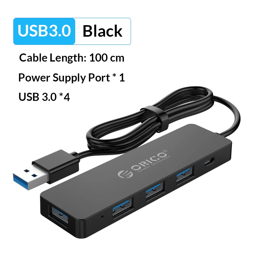 ORICO высокоскоростной 4 порта USB 3,0 концентратор с портом питания USB2.0 сплиттер OTG адаптер для iMac ноутбука Аксессуары для настольных ПК - Цвет: USB 3.0 100CM Black