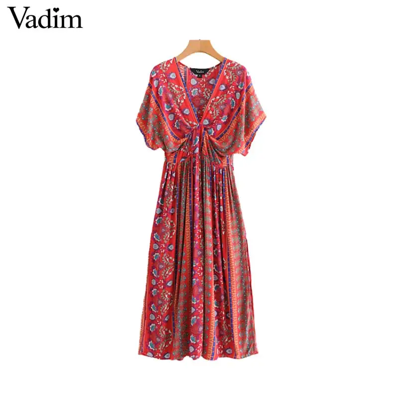 

Vadim chic V neck paisley print beach dress short sleeve split pleated female casual ankle length dresses vestidos QA982