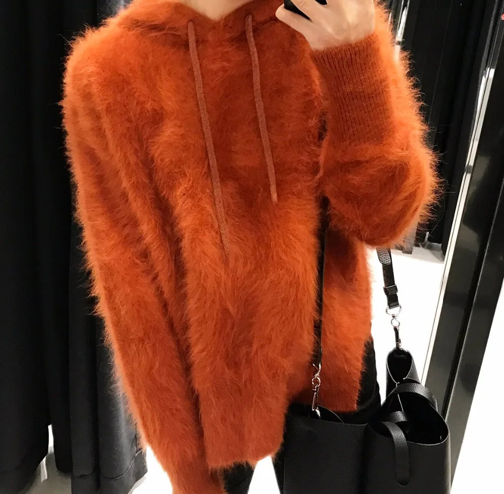 2018 Top Fashion Soft Pure Mink Cashmere Sweater Jacket with hood and string real mink cashmere pullovers tbsr291