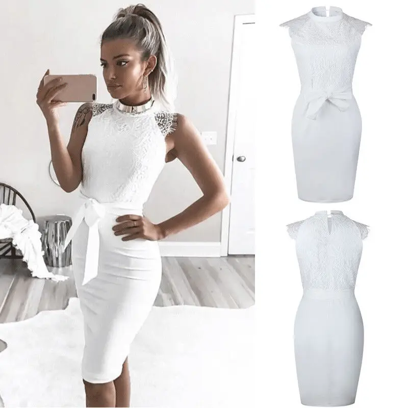 

2018 Formal Fashion Women Evening Party Dress Lace Patchwork Sleeveless High Waist Skinny Knee-Length Dress
