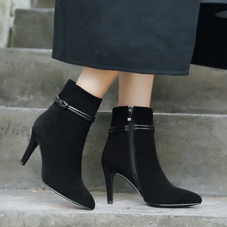 

Big Size 9 10 11 12 Tip-tipped pure-color zipper slim-heeled boots