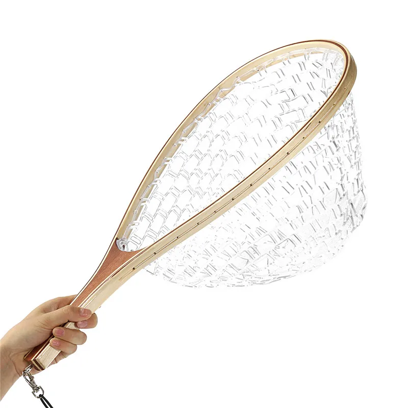Bobing 58CM Wooden Handle Rubber Net Fly Fishing Landing Trout Clear