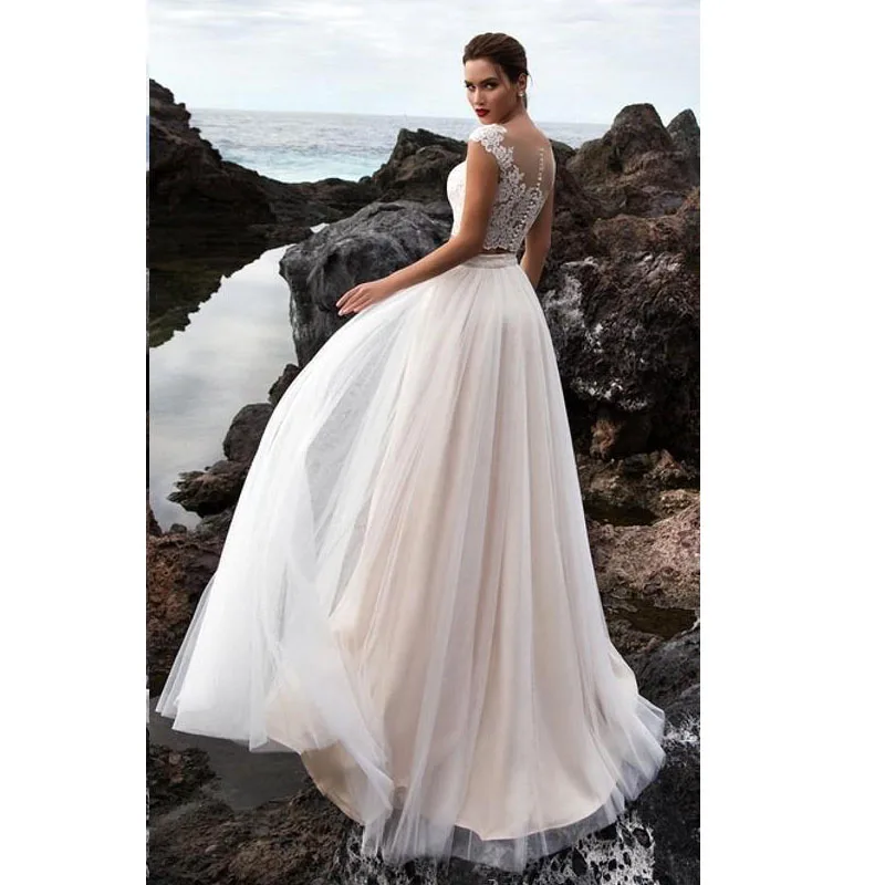 

2019 New Boho Wedding Dress 2 Pieces A Line Appliques Lace Tulle Skirt Custom Made Beach Bride Gown Custom Made trouwjurk