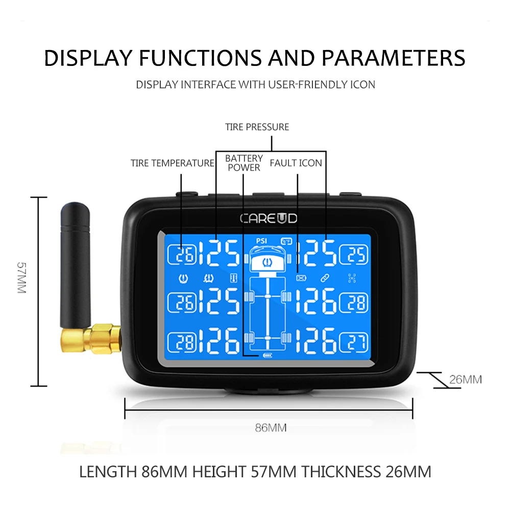 CAREUD U901 TPMS Авто Грузовик автомобильный монитор давления в шинах сменный аккумулятор с 6 внешними датчиками ЖК-дисплей