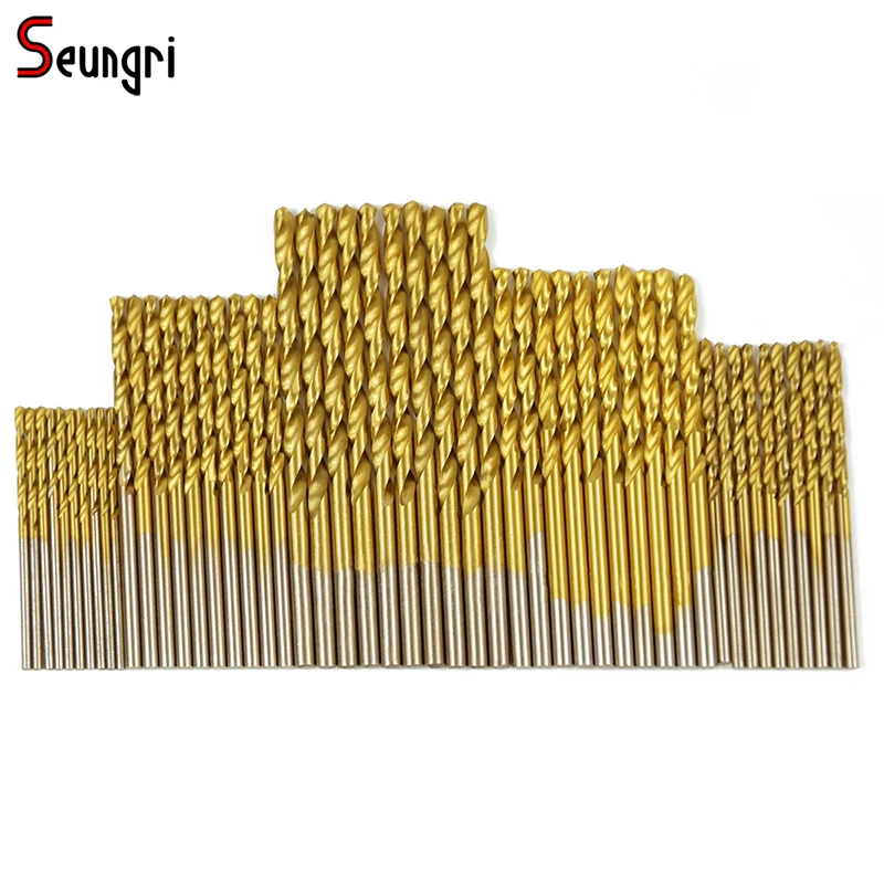 

Seungri 50Pcs 1/1.5/2/2.5/3mm Titanium Coated Twist Drill Bit High Steel for Woodworking Plastic And Aluminum HSS Drill Bit