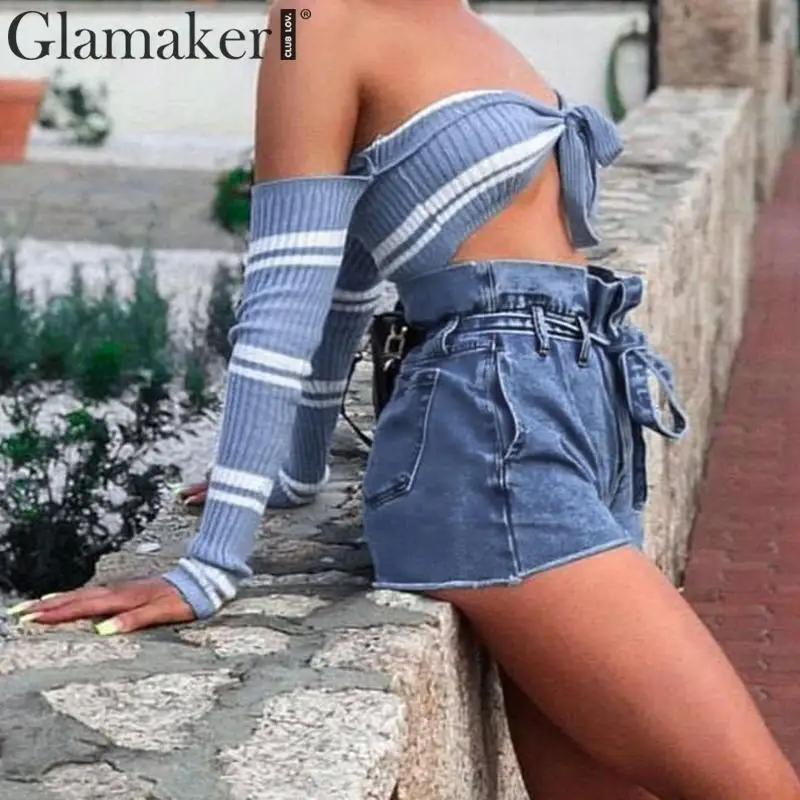 Glamaker пикантные шорты с завышенной талией и карманами синий джинсовые шорты Для женщин на шнуровке ремень джинсы короткие летние Горячая короткие женские уличная обтягивающие шорты