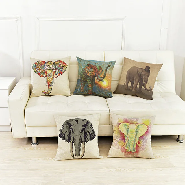 18" Square Elephant Linen Home Decor Pillows Hand Painting Africa