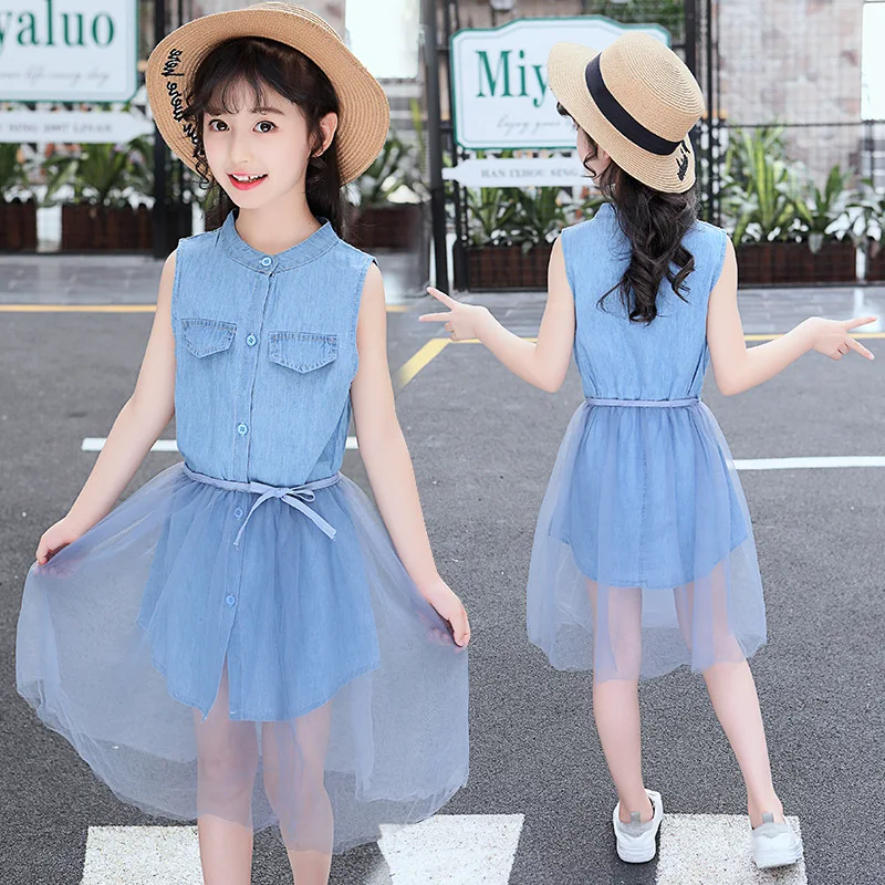 Платье для девочек, летнее платье для малышей, модное джинсовое платье-рубашка без рукавов, однотонное Сетчатое платье для детей 3-13 лет