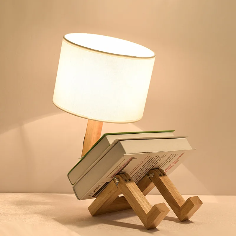  EU/US Plug Adjustable Desk Light Fabric Wooden Robot Shape Table Lamp Flexible Folding Reading Ligh