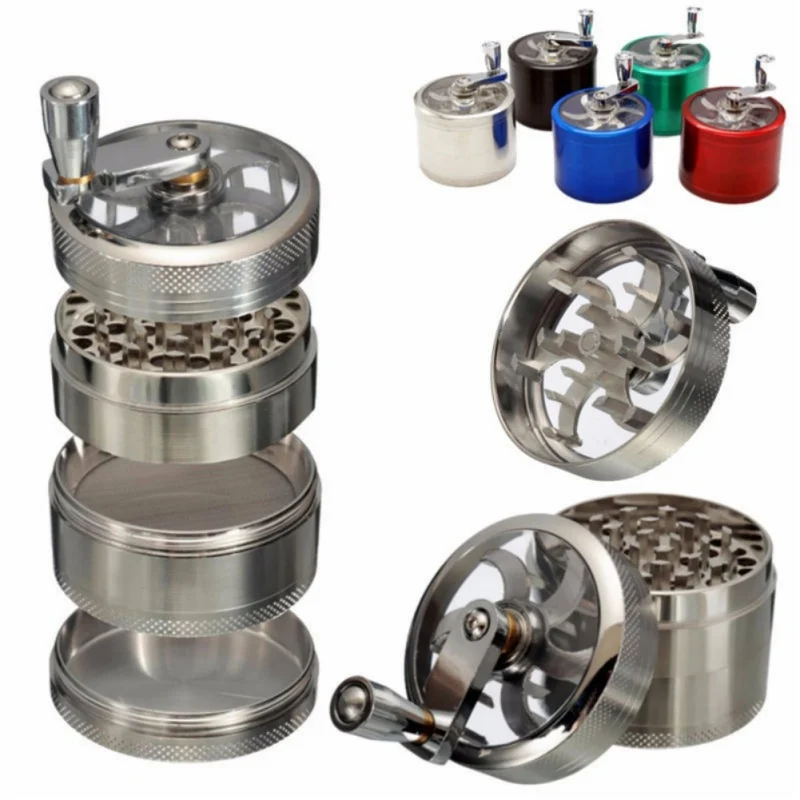 

4 Layers Herb Tobacco Spice Weeds Grass Aluminium Grinder Smoke Crusher Hand Crank Muller Mill Pollinator Smoking Accessories