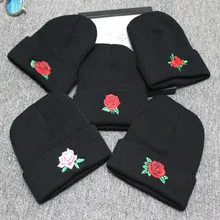 Fashion Winter Hats For Men Women Knitted Hat Female Beanie Cap Rose Flower Embroideried Girls Skullie Hat
