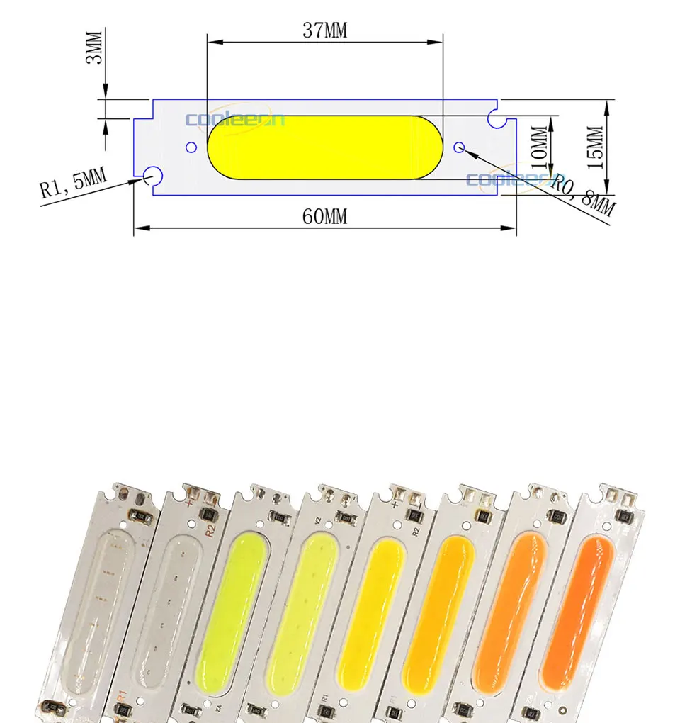 60x15MM 2W COB Chip LED Light Lamp 12V White Yellow Blue Red Green Pink Purple Color LED Bulb for Car Lighting 60mm COB Board (1)