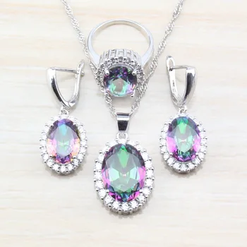 

Amazing Rainbow Cubic Zirconia Silver Color Jewelry Sets For Women Fashion Party Costume Ring Size 6/7/8/9/10 S56