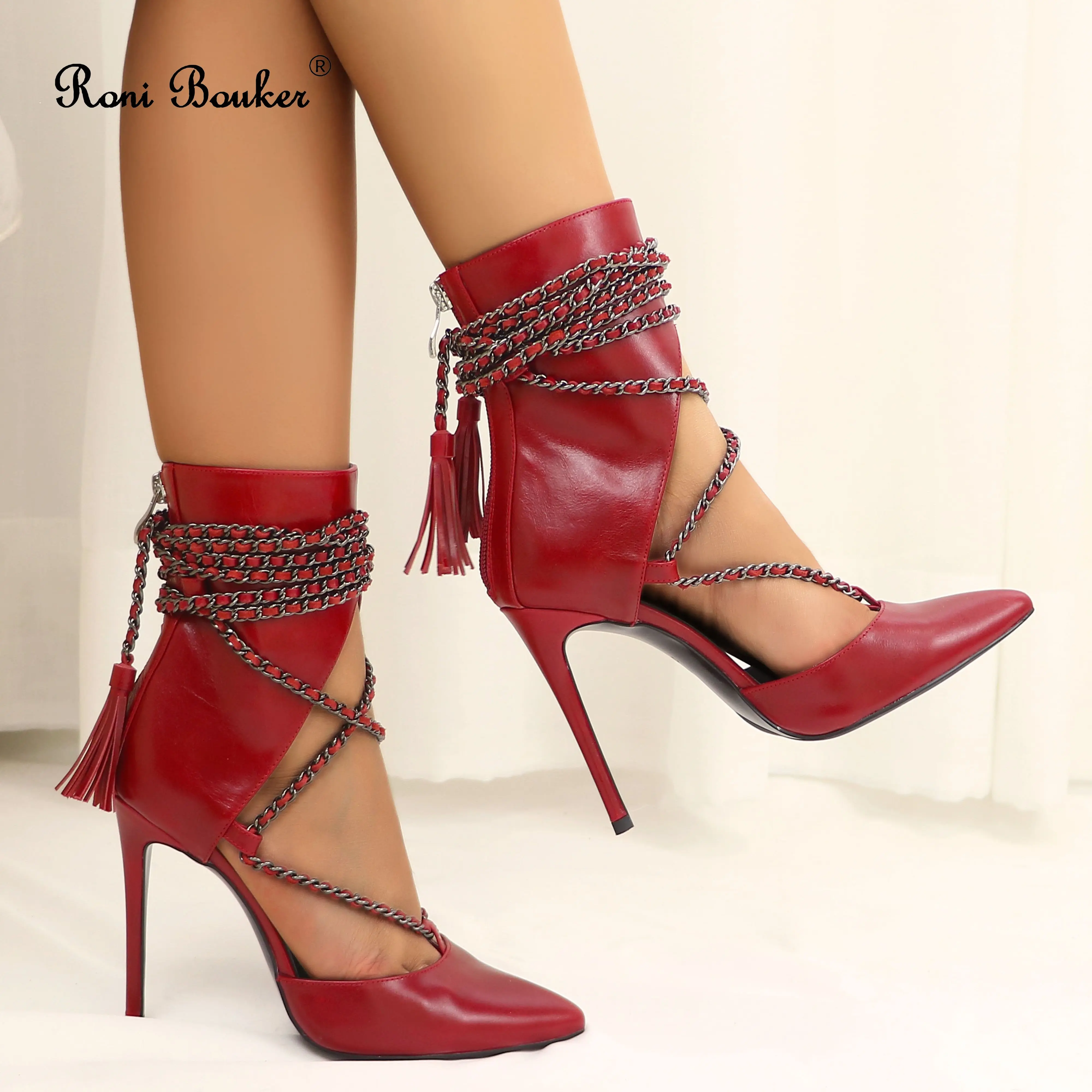 

Roni Bouker Chain Ankle Boots Classic Pointy Toe Stilettos Zipper High Heels Woman Genuine Leather Handmade Booties Ladies Shoes